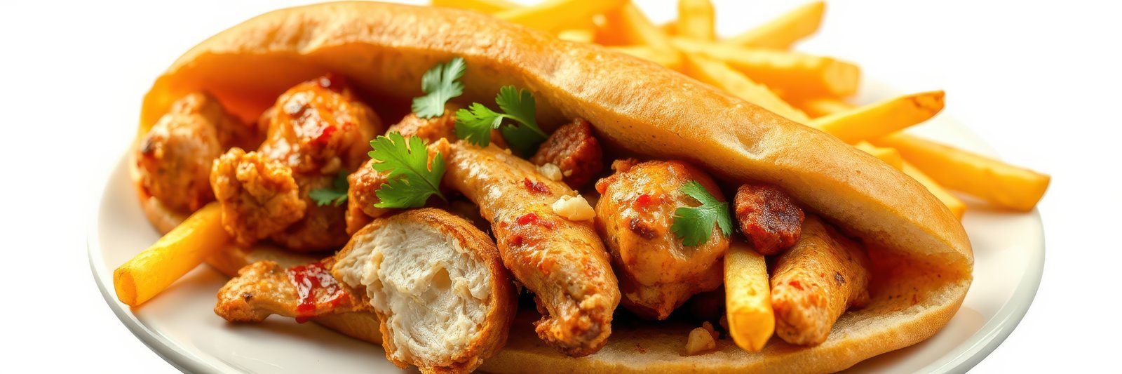 Delicious chicken wings served in a crusty roll with crispy fries at a local eatery during lunchtime